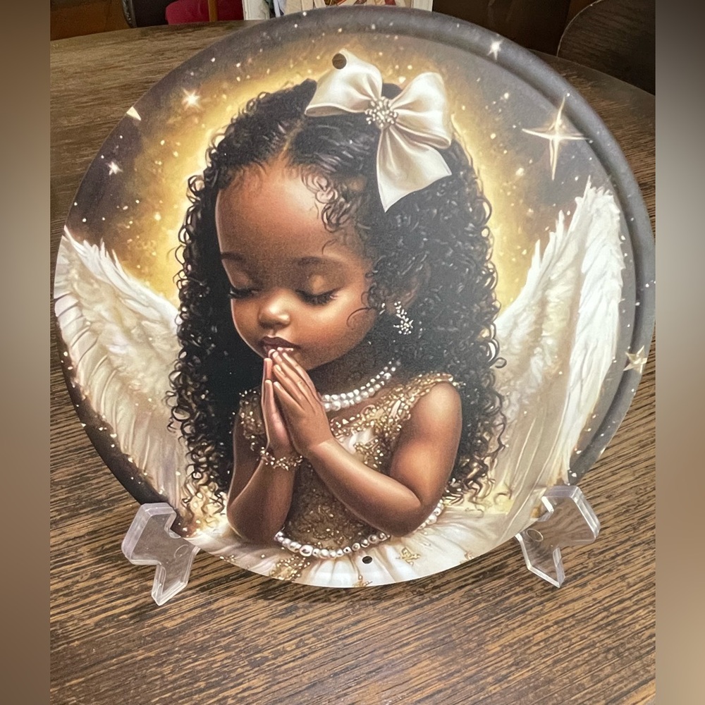 Angel Metal Sign 8x8 . Two holes for hanging.,
Plate stand NOT Included